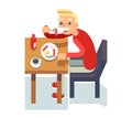 Eat breakfast coffee table chair guy fried eggs Isolated Icon Flat Design Character Vector Illustration