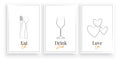 Eat, Drink, Love. Scandinavian minimalist art design, three pieces poster design, vector. Fork and spoon, wine glass illustration Royalty Free Stock Photo
