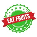 EAT FRUITS text on red green ribbon stamp