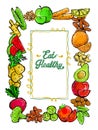 Eat healthy quote card template with assorted vegetables and fruits frame