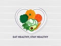 Eat Healthy, Stay Healthy Concept With Vegan Foods On Heart Shape Plate Against White Stripe Pattern Royalty Free Stock Photo