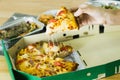 Eat at home by ordering through the delivery service,Selective focus Delicious pizza,Spaghetti BBQ Chicken Wings and a salad next Royalty Free Stock Photo