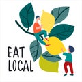 Eat local food concept. Harvesting concept. People picking lemons vector illustration in flat style Royalty Free Stock Photo