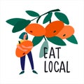 Eat local food concept. Harvesting concept. Woman picking mandarins vector illustration in flat style Royalty Free Stock Photo