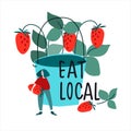 Eat local food concept. Harvesting concept. Woman picking strawberry vector illustration in flat style Royalty Free Stock Photo