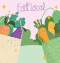 eat local, market bags with fresh vegetables healthy food cartoon