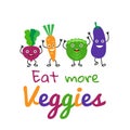 Eat more veggies cute cartoon beet carrot cabbage eggplant on white background