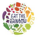 Eat the rainbow concept. Healthy vegan eating awareness poster.