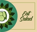 eat salad lettering poster with cucumbers in dish and leafs