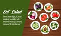 eat salad lettering poster with vegetables in dishes over wooden background