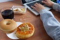 Eat snacks with Donut bread, Pizza and cola water drink during work with laptop Royalty Free Stock Photo