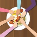 Eat together many hands one plate food view from top