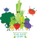 Eat well, be active, live happy fruit and vegetable cartoon