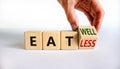 Eat well or eat less symbol. Businessman turns a cube and changes words `eat less` to `eat well`. Beautiful white background.