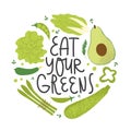 Eat your greens lettering. Cute hand drawn green vegetable with textured details.