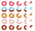 Eaten donut. Bitten chocolate donuts, pink icing with sprinkles top view. Animation stages of eating glazed doughnut