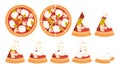 Eaten pizza set of animation sequence, whole round pie, cut into pieces, bitten slices