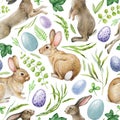 Eater bunny decorative seamless pattern. Watercolor illustration. Hand drawn cute bunnies, painted eggs, green leaves Royalty Free Stock Photo