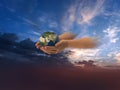 Eath globe in hands on front blue cloudy sky hold peace concept natire background