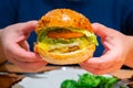 Eatiing of organic vegetarian burger with plant based corn chicken burger, vegan cheese, green lettuce and tomatoes Royalty Free Stock Photo