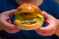 Eatiing of organic vegetarian burger with plant based corn chicken burger, vegan cheese, green lettuce and tomatoes Royalty Free Stock Photo