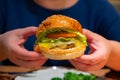 Eatiing of organic vegetarian burger with plant based corn chicken burger, vegan cheese, green lettuce and tomatoes Royalty Free Stock Photo