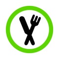 Eating allowed, green food zone sign with fork and knife on white background