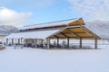 Eating area against snow mountain and sky in Utah Royalty Free Stock Photo