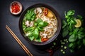 japanese bowl asian soup chili noodle vegetable background meal food hot. Generative AI.