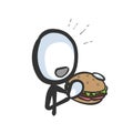 Eating burger. Unhealthy fast food. Very hungry. Hand drawn. Stickman cartoon. Doodle sketch, Vector graphic illustration