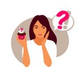 Eating disorder concept. A woman is thinking about breaking her diet. Vector illustration. Flat