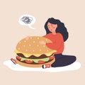 Eating disorder. Sad woman hugging huge hamburger and worries about being overweight. Overeating, bulimia, anorexia