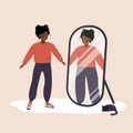 Eating disorder. Slim african woman looking herself fat in mirror and feel insecure human. Rejection of yourself