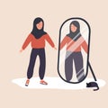 Eating disorder. Slim arabian woman looking herself fat in mirror and feel insecure human. Rejection of yourself