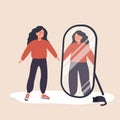 Eating disorder. Slim woman looking herself fat in mirror and feel insecure human. Rejection of yourself. Bulimia or