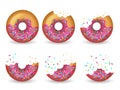 Eating donut. Delicious glazed tasty cake half vector animation stages