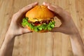 Eating Fast Food. Hands Holding Hamburger. Point Of View. Nutrition