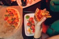 Eating Food. Close-up Of People Hands Taking Slices Of Pepperoni Pizza. Group Of Friends Sharing Pizza Together. Fast Royalty Free Stock Photo