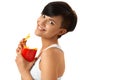 Eating Food. Woman Holding French Fries. White Background. Fast Royalty Free Stock Photo