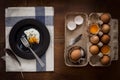 Eating fried eggs flat lay still life rustic with food stylish Royalty Free Stock Photo