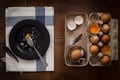 Eating fried eggs flat lay still life rustic with food stylish Royalty Free Stock Photo