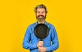 Eating at home. baker with saucepan pot. catering. Chef man holds kitchenware. happy cook man hold frying pan. Chef Royalty Free Stock Photo