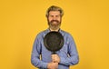 eating at home. baker with saucepan pot. catering. Chef man holds kitchenware. happy cook man hold frying pan. Chef Royalty Free Stock Photo