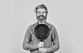 eating at home. baker with saucepan pot. catering. Chef man holds kitchenware. happy cook man hold frying pan. Chef Royalty Free Stock Photo