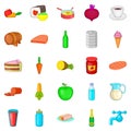 Eating icons set, cartoon style