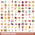 100 eating icons set, flat style