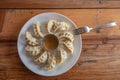 Eating Nepalese Traditional Dish Momo. Authentic Cuisine in Nepal Royalty Free Stock Photo