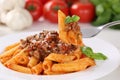 Eating pasta Bolognese or Bolognaise sauce noodles meal Royalty Free Stock Photo