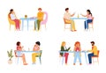 Eating people. Men and women eating meal in cafeteria, at home or restaurant, characters dining together Royalty Free Stock Photo