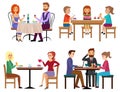 Eating people set. Couple friends family children and businessman sitting in restaurant cafe or bar isolated. Cartoon Royalty Free Stock Photo